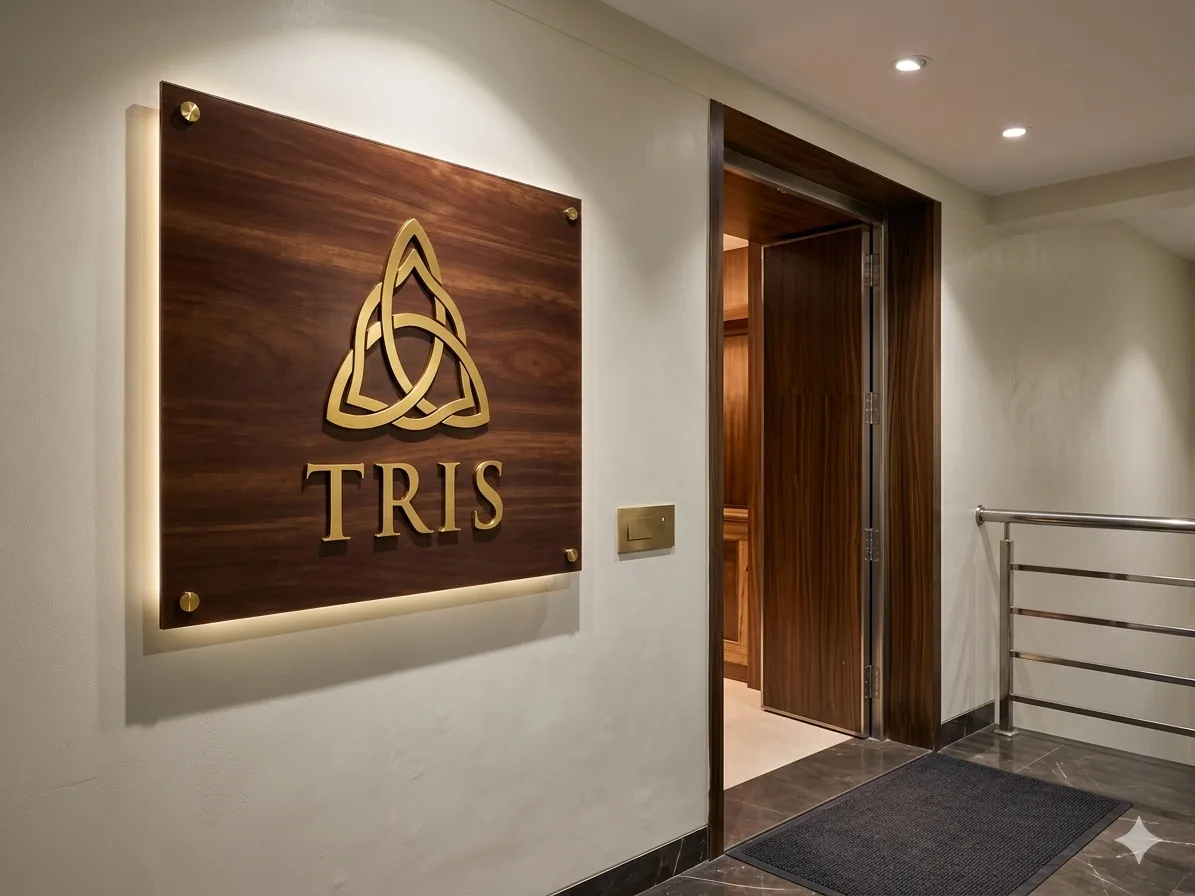 Tris Wellness Spa — the brass triquetra entrance welcomes guests to the sanctuary